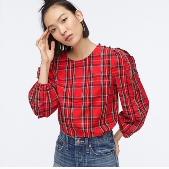 J. Crew Holiday Tartan Blouse With Ruffle Sleeves - Picture 1 of 7
